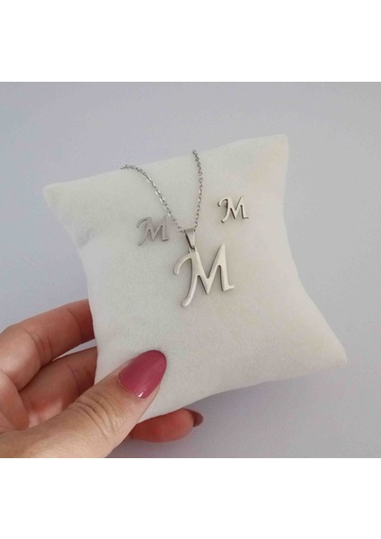 Çelik Silver M Harfi Kolye Küpe Seti