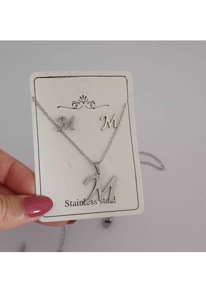 Çelik Silver M Harfi Kolye Küpe Seti modelleri