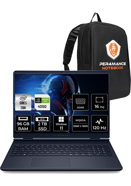 Alienware 16 Aurora Intel Core 5 210H 96GB 2tb SSD RTX4050/6GB 85W 16" Qhd+ 120Hz W11H Taşınabilir Bilgisayar & Per4 Çanta AC16250C516512WP394