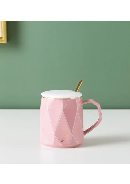 Geometrik Desenli Gold Kaşıklı Kapaklı Modern Seramik Kupa