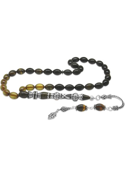 925 Ayar Gümüş Nakkaş Imameli Zülfikar Tasarım Süzme Soft Yeşil Siyah Ateş Kehribar Tesbih