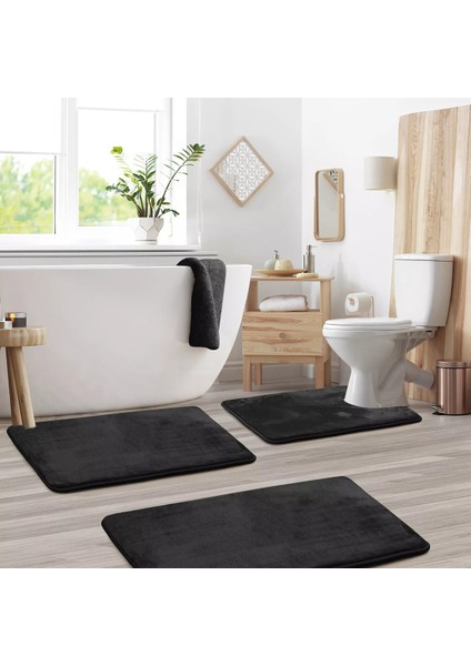 3'lü Banyo Paspas Seti Klozet Önü Peluş Yumuşacık Yıkanabilir Siyah (50X80-40X60-40X50)