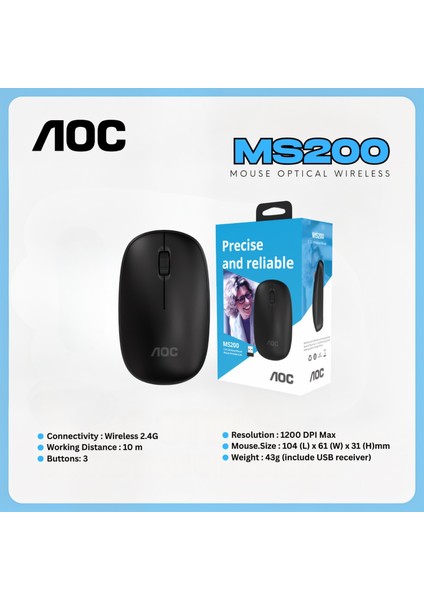 MS200 Kablosuz Mouse, 1200 Dpı, Sessiz Tıklama, 3 Tuş, Tak-Çalıştır