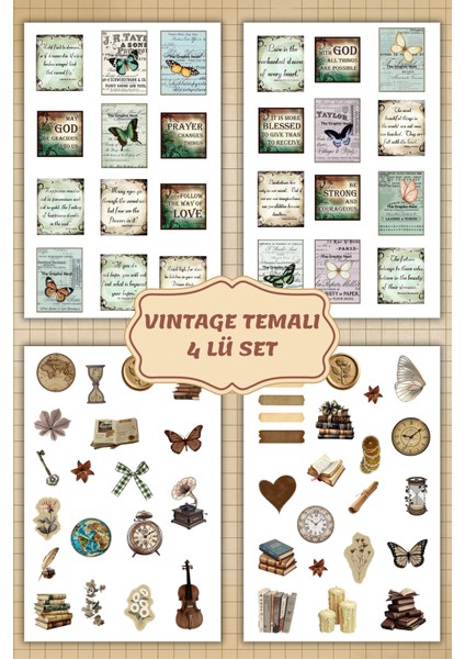 Vintage Temalı 4'lü Sticker Set/bullet Journal Için Uygun Set/etiket