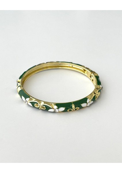 Zarif Çiçek Desenli Yeşil Mineli Kelepçe Bileklik