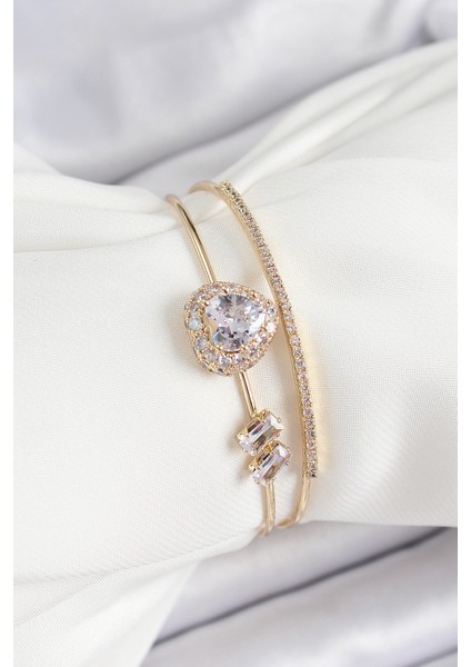 Pirinç Gold Renk Kalpli Zirkon Taşlı Kadın Bileklik - Lisinya
