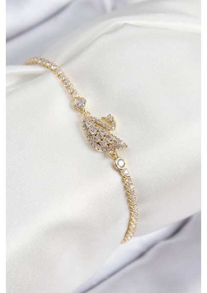 Pirinç Zirkon Taşlı Kuğu Model Gold Renk Kadın Bileklik - Lisinya