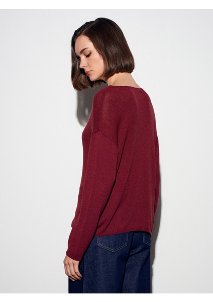 10706 Oval Yaka Dökümlü Kazak-Koyu Bordo fiyatları