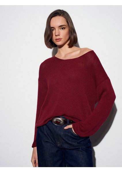 10706 Oval Yaka Dökümlü Kazak-Koyu Bordo modelleri