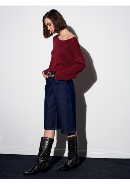 10706 Oval Yaka Dökümlü Kazak-Koyu Bordo indirimleri