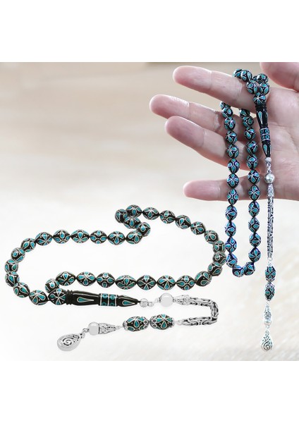925 Ayar Gümüş Kral Zincir Püsküllü Gümüş Firuze Işlemeli Erzurum Oltu Taşı Tesbih fiyatları