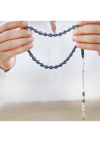 925 Ayar Gümüş Kral Zincir Püsküllü Gümüş Firuze Işlemeli Erzurum Oltu Taşı Tesbih modelleri