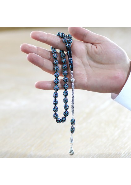 925 Ayar Gümüş Kral Zincir Püsküllü Gümüş Firuze Işlemeli Erzurum Oltu Taşı Tesbih fırsatları