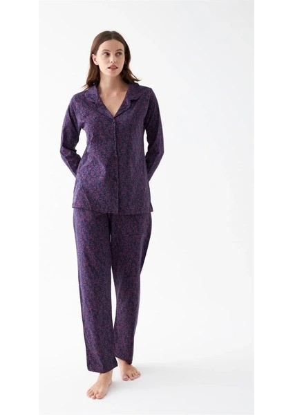 Kadın Mor Düğmeli Yaka Detaylı Desenli Pamuklu Pijama Takımı