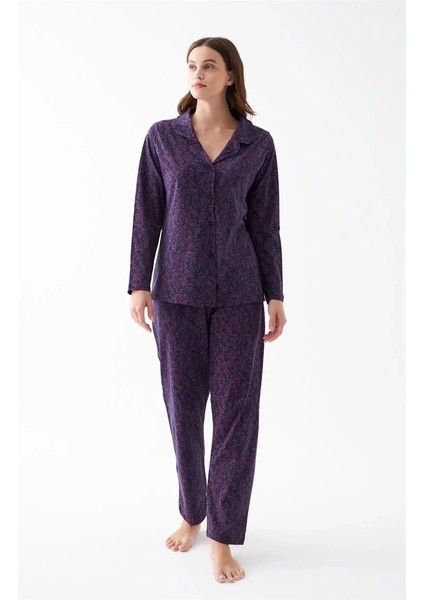 Kadın Mor Düğmeli Yaka Detaylı Desenli Pamuklu Pijama Takımı fiyatları