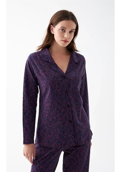 Kadın Mor Düğmeli Yaka Detaylı Desenli Pamuklu Pijama Takımı modelleri