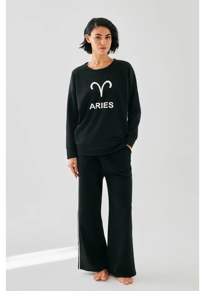 Kadın Siyah Koç Burcu Oversize 2 Iplik Eşofman Ev Giyim Takımı