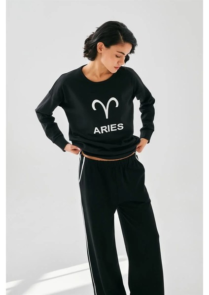 Kadın Siyah Koç Burcu Oversize 2 Iplik Eşofman Ev Giyim Takımı fiyatları