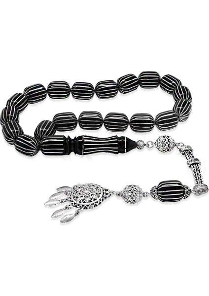 Premium Kutulu - Erzurum Oltu Efe Tesbih - 925 Ayar Gümüş Püsküllü - Gümüş 16 Lı Karpuz Yarma