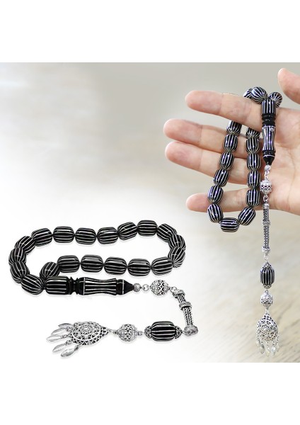 Premium Kutulu - Erzurum Oltu Efe Tesbih - 925 Ayar Gümüş Püsküllü - Gümüş 16 Lı Karpuz Yarma fırsatları