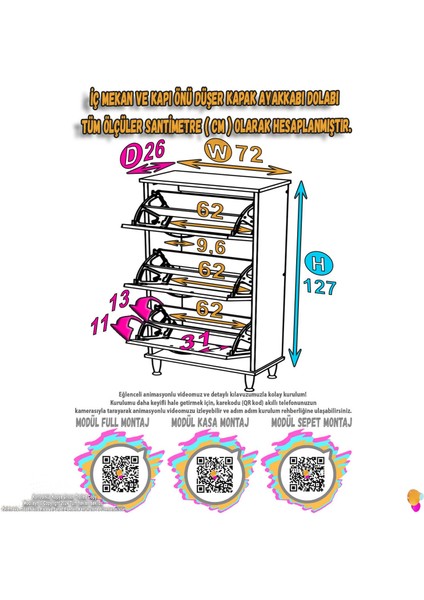 VARBİ Kapı Önü 72x 127 x26 cm’ lik 3 Düşer Kapak 6 Göz Raf Bölmeli Ayakkabılık