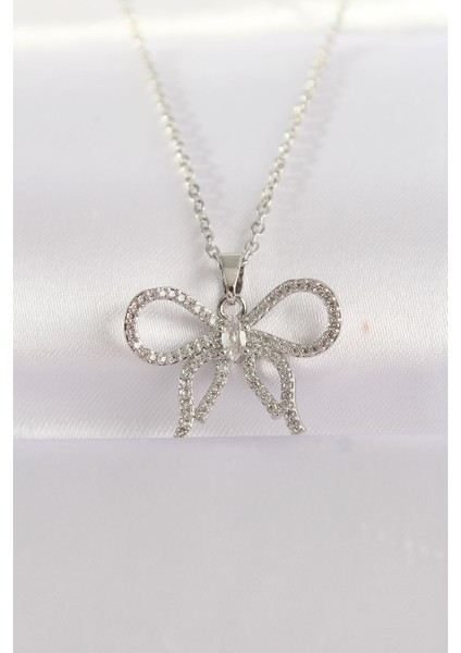 316L Çelik Zincir Gümüş Renk Zirkon Taşlı Fiyonk Kolye - Lisinya