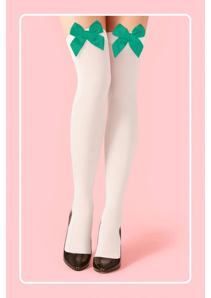 Mulvxley LEY02 Yeşil Fiyonklu Beyaz Jartiyer Çorabı TM1380 (Mulvix)