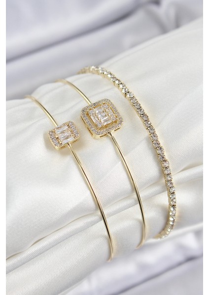 Pirinç Zirkon Taşlı Baget Model Gold Renk Vip 3'lü Kadın Bileklik - Lisinya