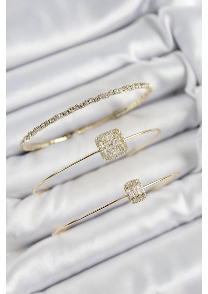 Pirinç Zirkon Taşlı Baget Model Gold Renk Vip 3'lü Kadın Bileklik - Lisinya fiyatları