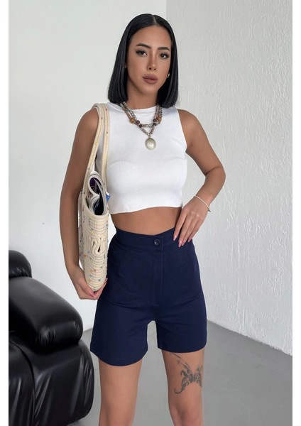 Tarz ve Rahatlığı Bir Arada Sunan Yüksek Bel Esnek Likralı Krep Şort Lacivert ( Lisinya ) modelleri