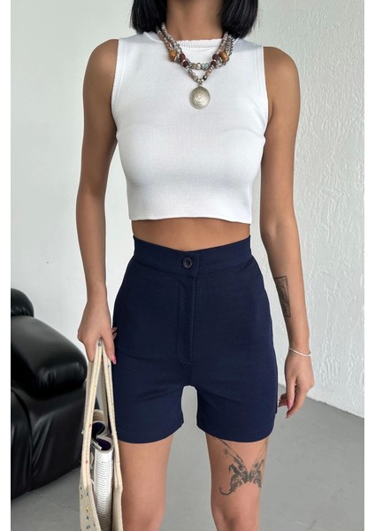 Tarz ve Rahatlığı Bir Arada Sunan Yüksek Bel Esnek Likralı Krep Şort Lacivert ( Lisinya ) fırsatları