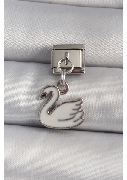 316L Çelik Gümüş Renk Sallantı Beyaz Kuğu Model Nomination Charm - Lisinya