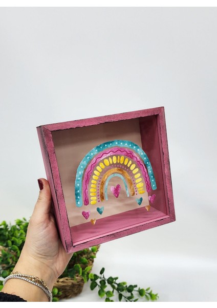 Renkli Kalpli Gökkuşağı Desenli Kumbara Ahşap Hazneli Hediyelik Kumbara