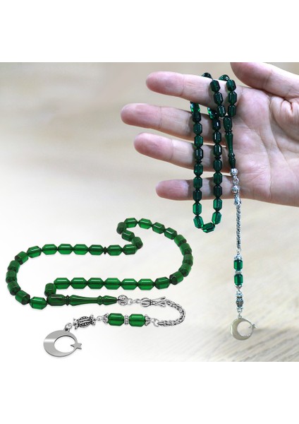 Kararmaz Metal Püsküllü Uçlu Kapsül Kesim Isim Yazılı ve Ayyıldız Plakalı Yeşil Ateş Kehribar Tesbih modelleri