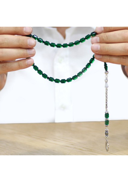 Kararmaz Metal Püsküllü Uçlu Kapsül Kesim Isim Yazılı ve Ayyıldız Plakalı Yeşil Ateş Kehribar Tesbih indirimleri