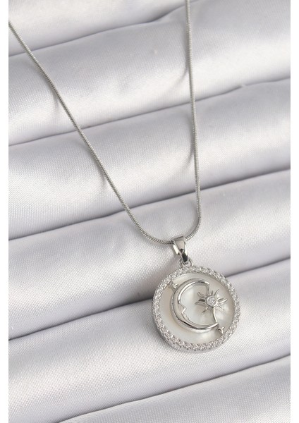 316L Çelik Gümüş Renk Zincir Zirkon Taş Detaylı Beyaz Sedefli Ay Yıldız Işleme Kadın Kolye - Lisinya