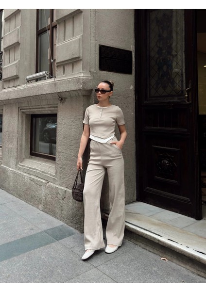 Düğme Yakalı Bej Alt Üst Takım S3943 fırsatları