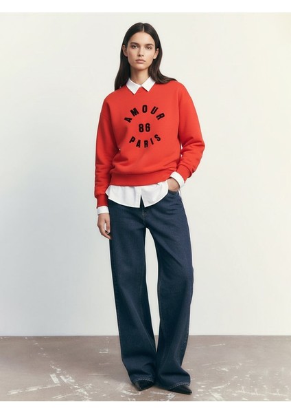 Uzun Kollu Sıfır Yaka Slogan Baskılı Kırmızı Sweatshırt