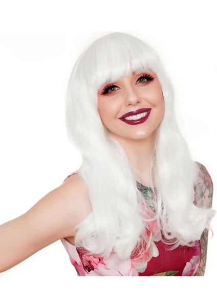 Beyaz Renk Kahküllü Dalgalı Uzun Parti Peruğu - Lisinya