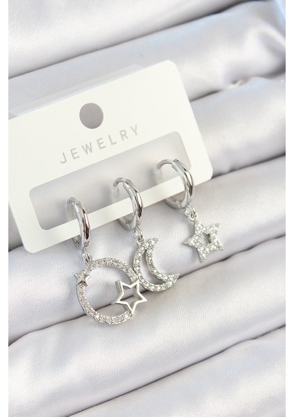 Pirinç Zirkon Taşlı Ay ve Yıldız Model Gümüş Renk 3'lü Çift Kadın Küpe Set - Lisinya