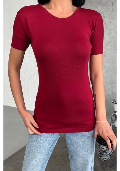 Rahat ve Şık Kısa Kollu Bisiklet Yaka Likralı Viskon Penye Body Bordo ( Lisinya ) modelleri