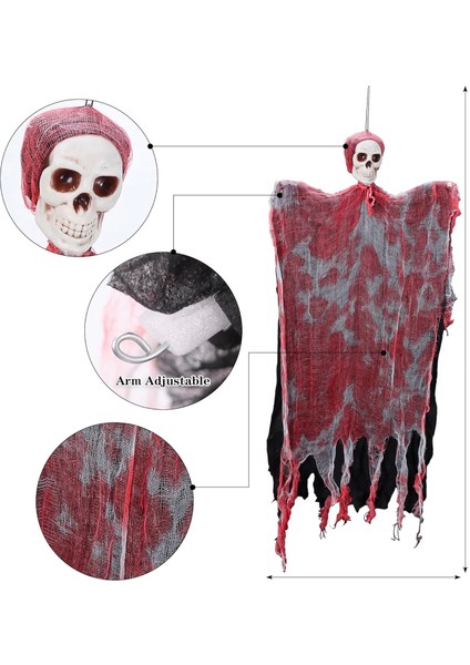 LED Işıklı Kahkaha Atan Sesli Sensörlü Ürpertici Kuru Kafa Kanlı Korku Hayalet Saçaklı Dekor 90X50 cm - Lisinya