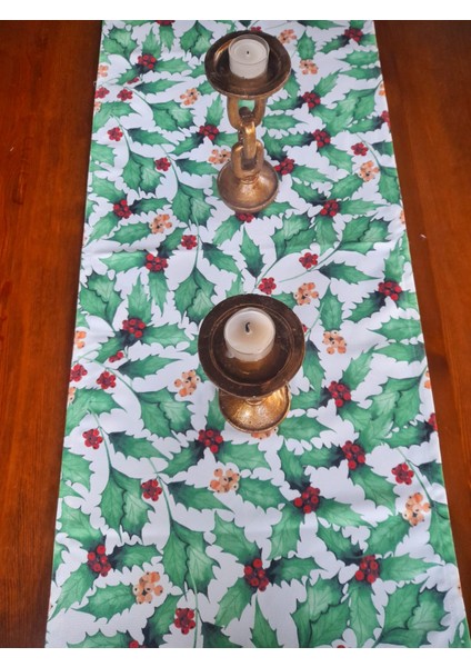 Yılbaşı Yapraklı Kokina Desenli Dijital Baskılı Runner