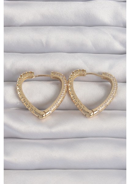 Pirinç Gold Renk Zirkon Taşlı Motifli Kalp Küpe - Lisinya