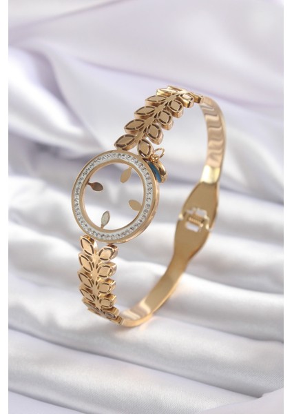 316L Çelik Gold Renk Çeyrek Takılabilen Zirkon Taş Detay Kadın Kelepçe - Lisinya