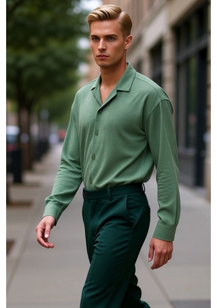 Erkek Oversize Fit Apaş Yaka Uzun Kollu Düz Desenli Dokuma Keten Görünümlü Gömlek Yaz Stili