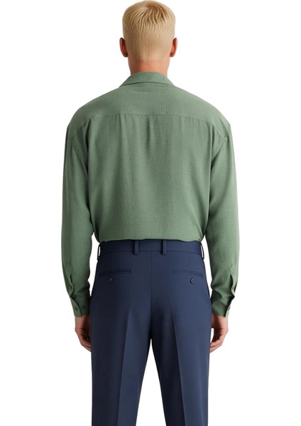 Erkek Oversize Fit Apaş Yaka Uzun Kollu Düz Desenli Dokuma Keten Görünümlü Gömlek Yaz Stili indirimleri