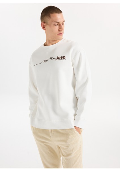 Bisiklet Yaka Baskılı Ekru Erkek Sweatshırt J5WM-SWT7297