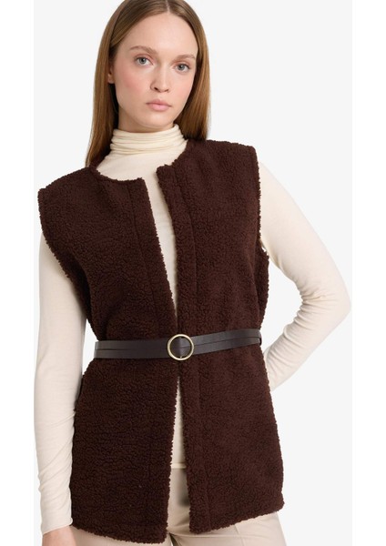 Regular Fit Bisiklet Yaka İçi Yumuşak Tüylü Pelüş Kemerli Yelek