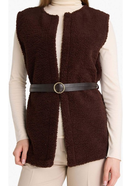 Regular Fit Bisiklet Yaka İçi Yumuşak Tüylü Pelüş Kemerli Yelek fırsatları